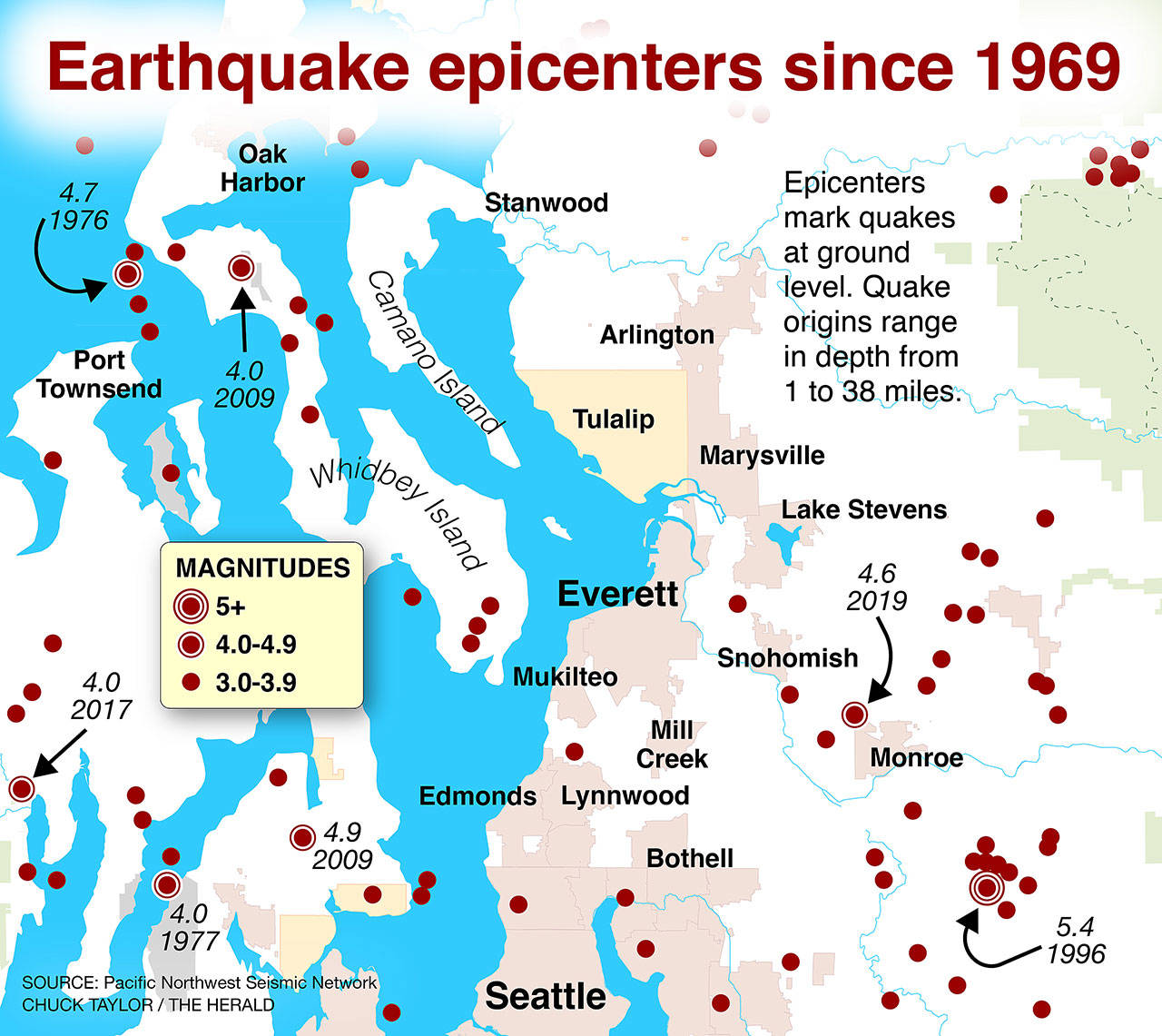 NO CAPTION NECESSARY. Map shows epicenters for earthquakes greater than 3.0 magnitude between 1969 and 2021. (Chuck Taylor / The Herald) 20210509