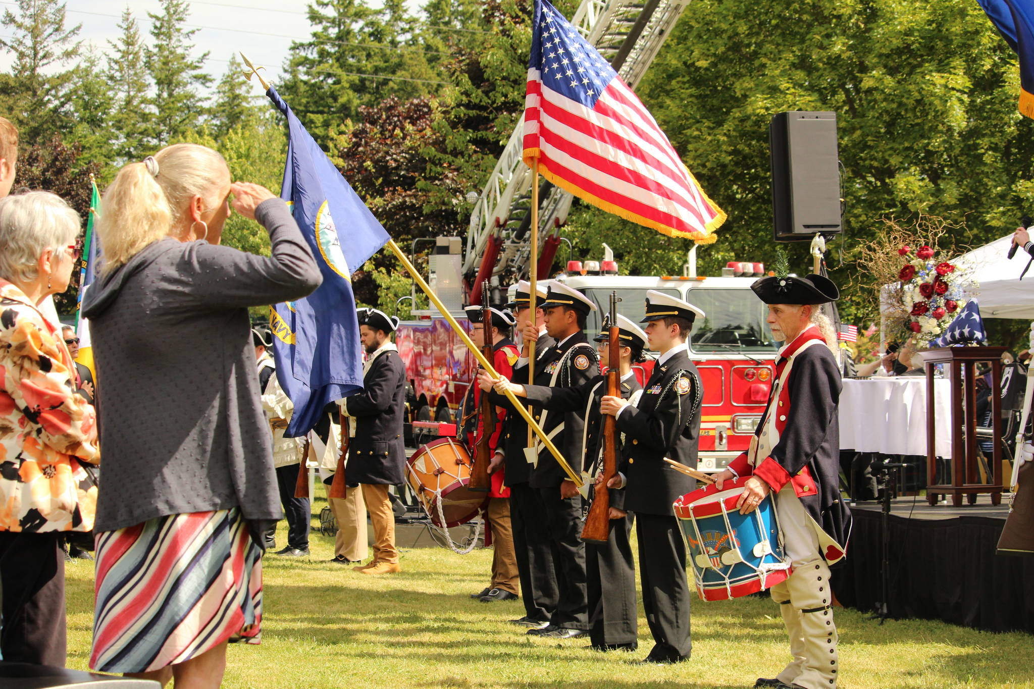 Naval Air Station Whidbey Island color guard, along with OHHS NJROTC, ORION Sea Cadets and Sons of the American Revolution color guards, present the colors.