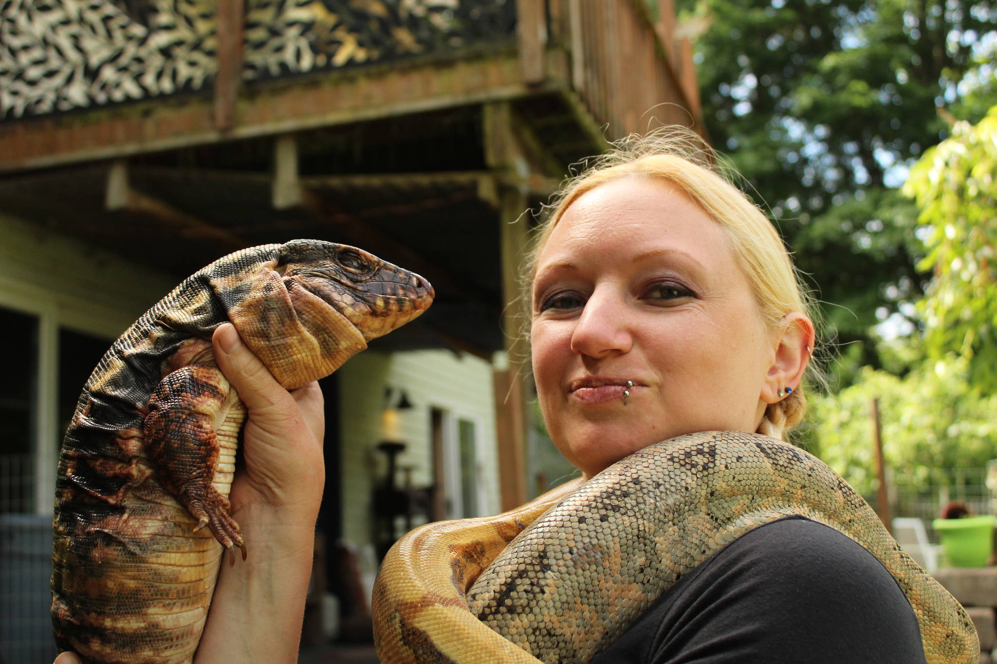 Amanda Ferrara, wrapped in boa constrictors Spot and Peaches, shows off her Argentine Tegu, Niki. (Photo by Karina Andrew/Whidbey News-Times)