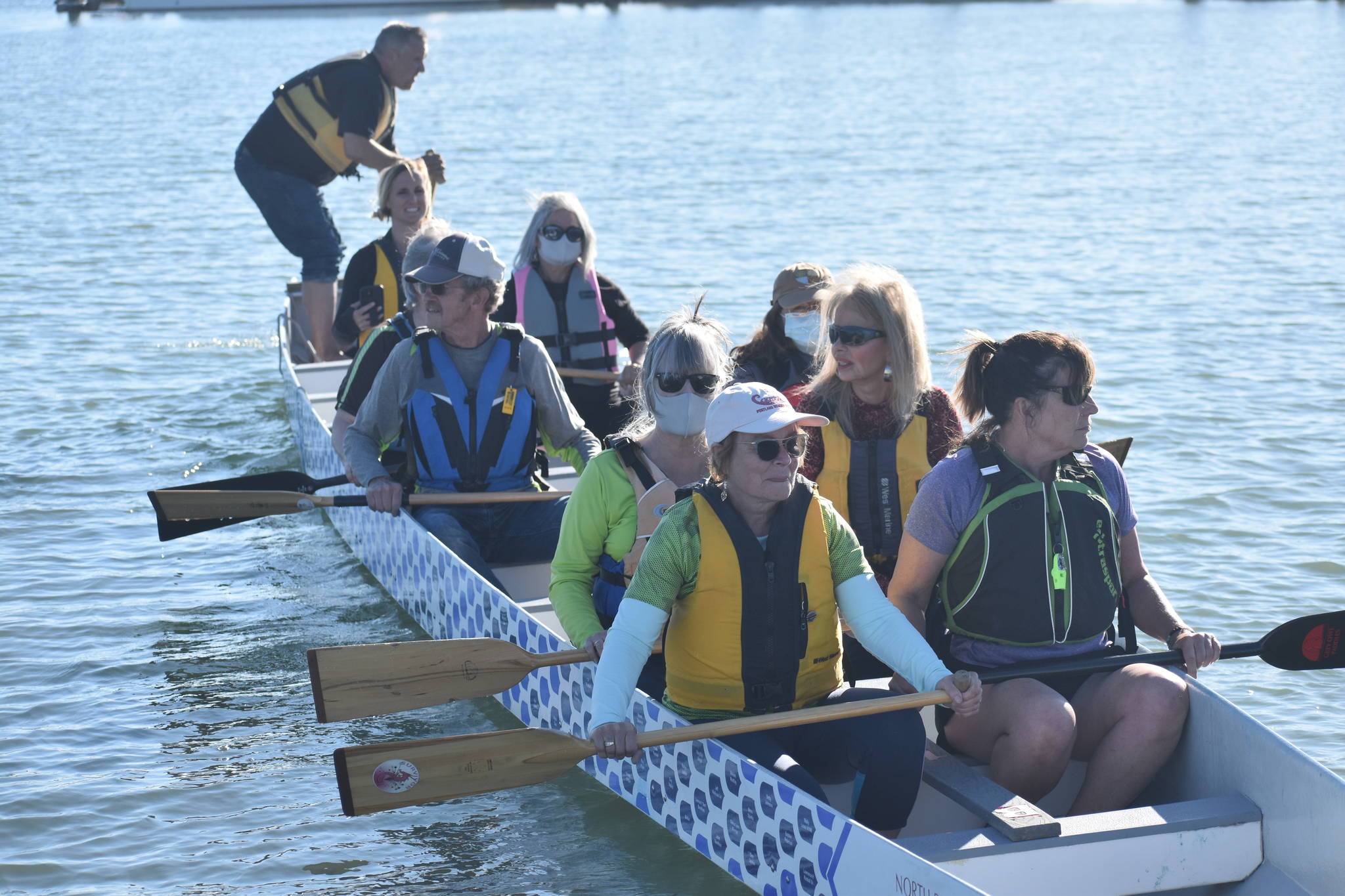 Photo by Emily Gilbert/Whidbey News-Times
Members of the North Puget Sound Dragon Boat Club launched their 40-foot-long dragon boat at Oak Harbor Marina for the season on Wednesday.