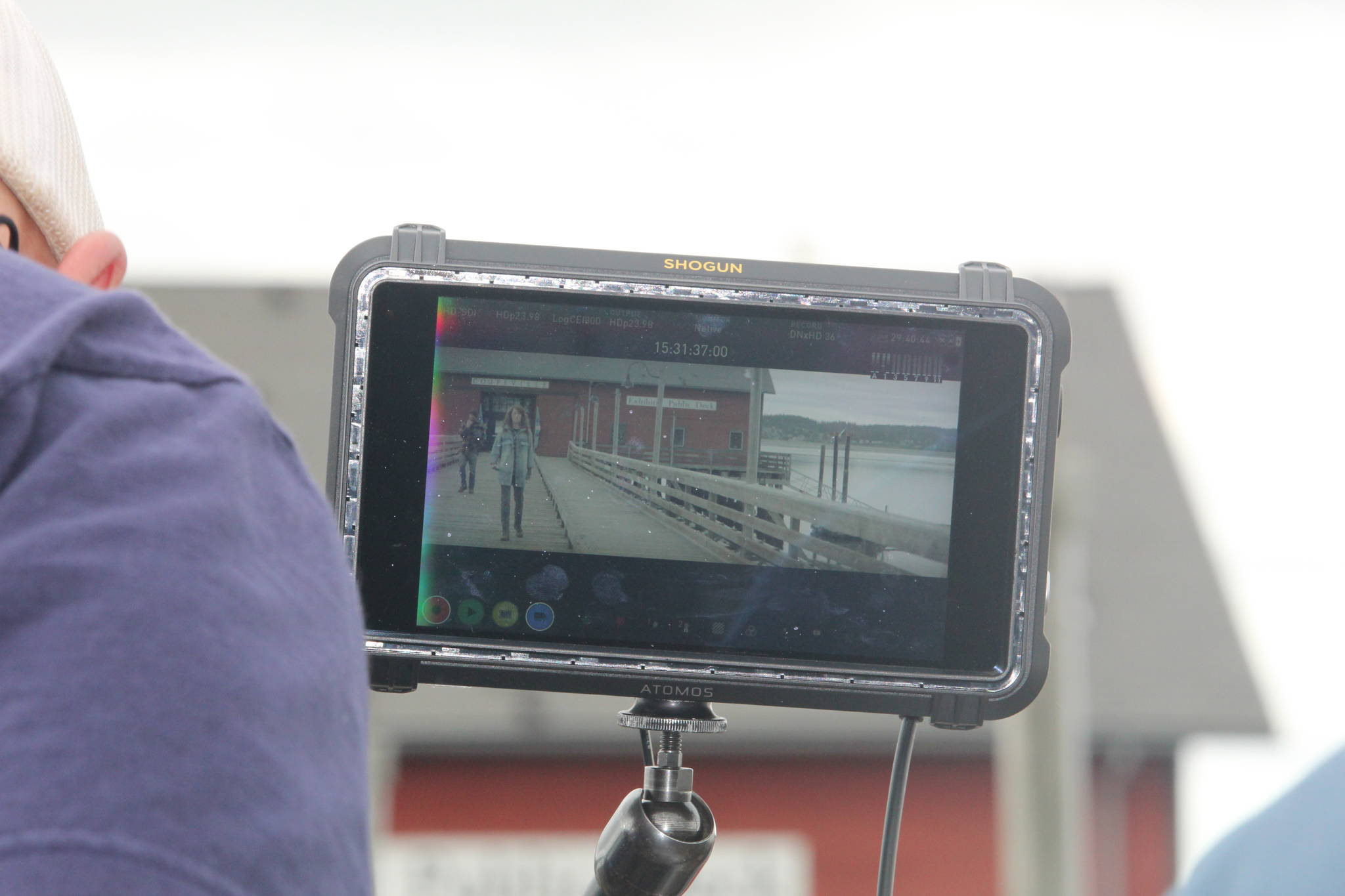 Filmmakers shoot on the Coupeville wharf. (Photo by Karina Andrew/Whidbey News-Times)