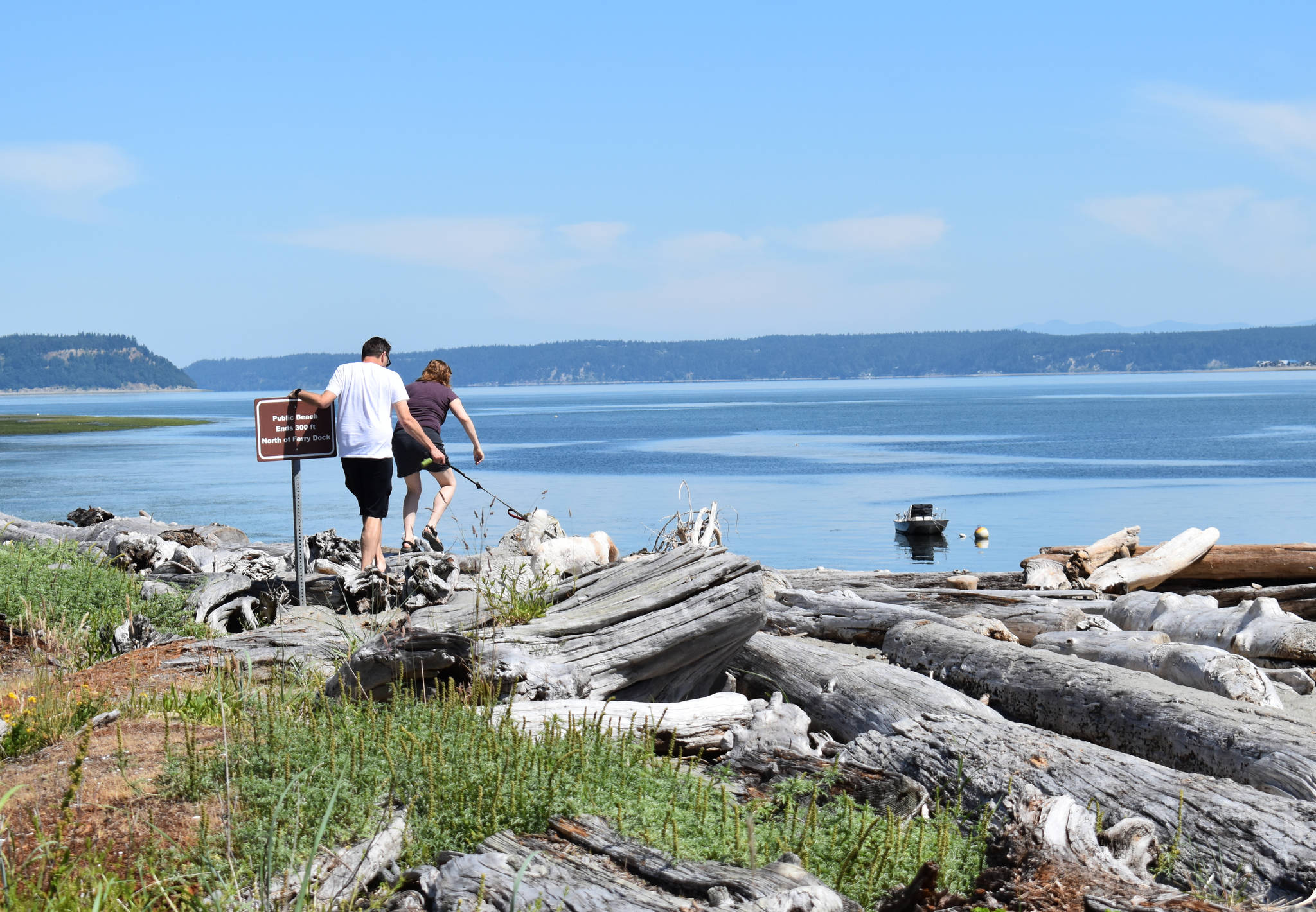 Photo by Emily Gilbert/South Whidbey Record
A couple and their dog climb over the driftwood at Clinton Beach that has piled up after winter storms.