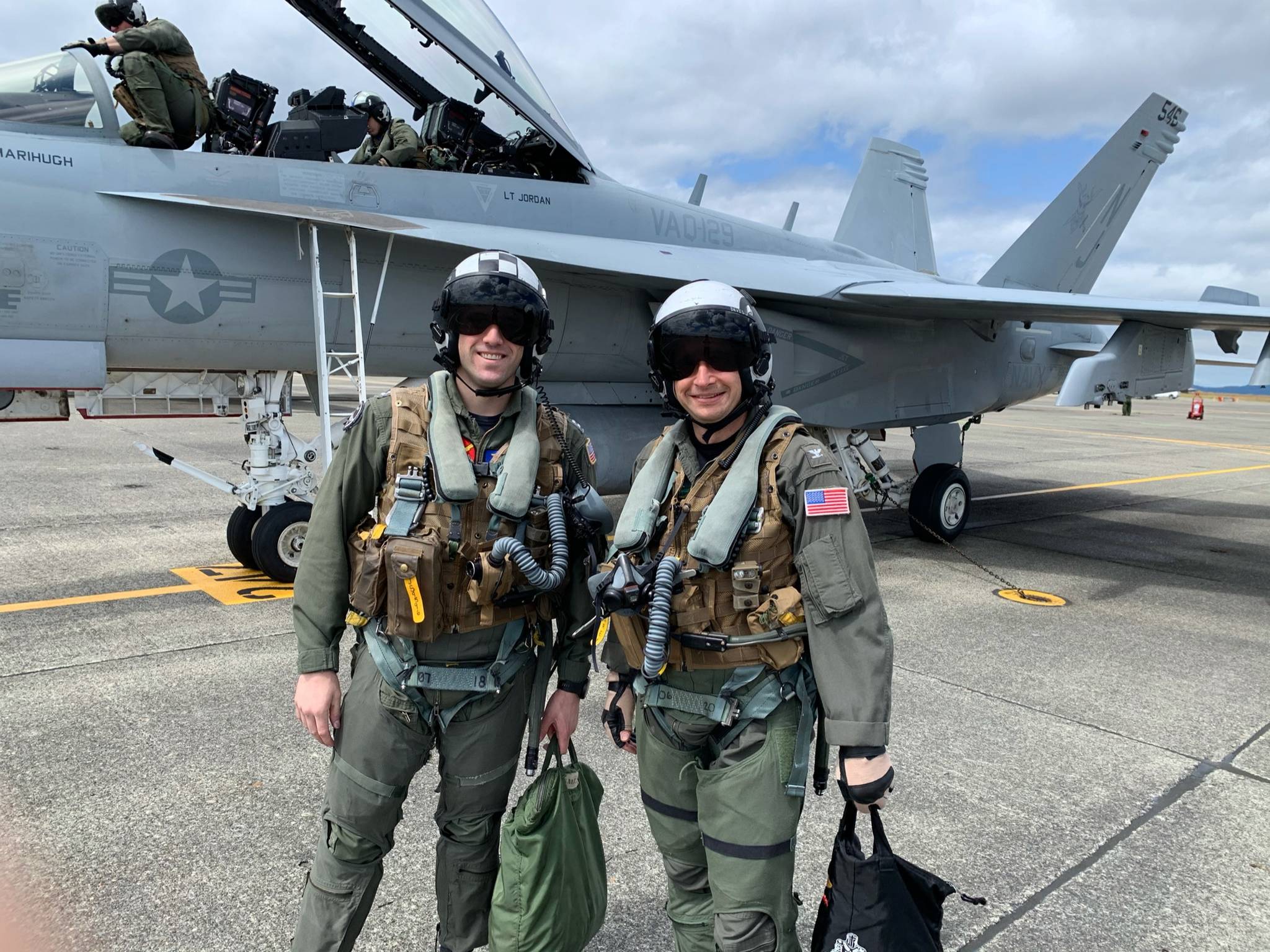 Capt. Matthew “Flounder” Arny, right, with pilot Lt. John Sauls from VAQ-129. Arny is retiring after 33 years in the military. Photo provided