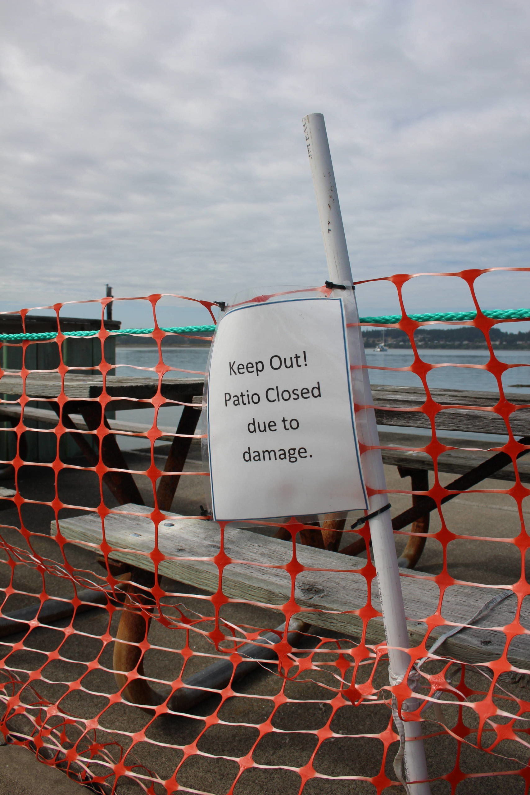 One of the patios on F dock at the Oak Harbor Marina is closed to visitors because years of storms have damaged it, resulting in the loss of some of its walls. (Photo by Emily Gilbert/Whidbey News-Times)