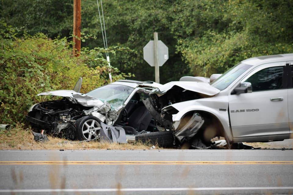 A 2012 Dodge Ram pick-up truck hit a 2002 Nissan Altima on State Route 525 Sunday afternoon. (Photo provided by Central Whidbey Island Fire and Rescue)