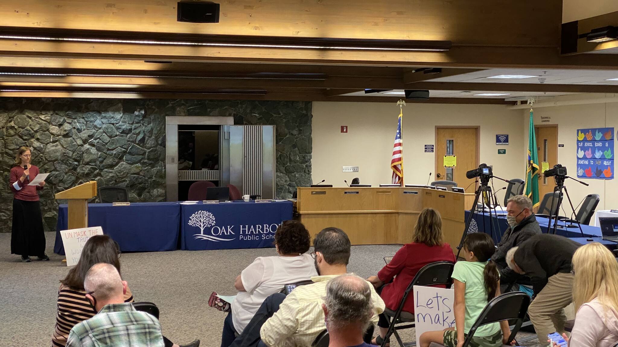 Photo by Jason Uemoto
Several audience members refused to wear a mask or leave the building after Oak Harbor School Board President John Diamond asked them to comply with Gov. Inslee’s indoor mask mandate during the Aug. 30 meeting.