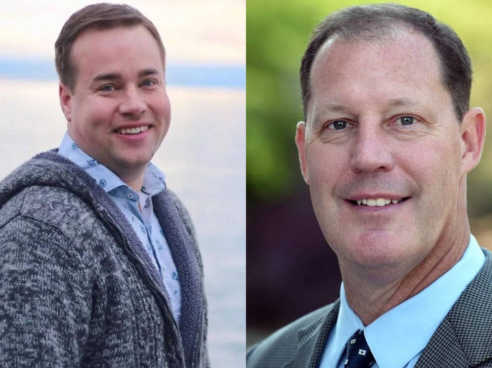 Shane Hoffmire, left, and Joel Servatius, right, are vying for a seat on Oak Harbor City Council. Hoffmire received Mayor Bob Severns’ first public endorsement of his political career over Servaitus, the incumbent.