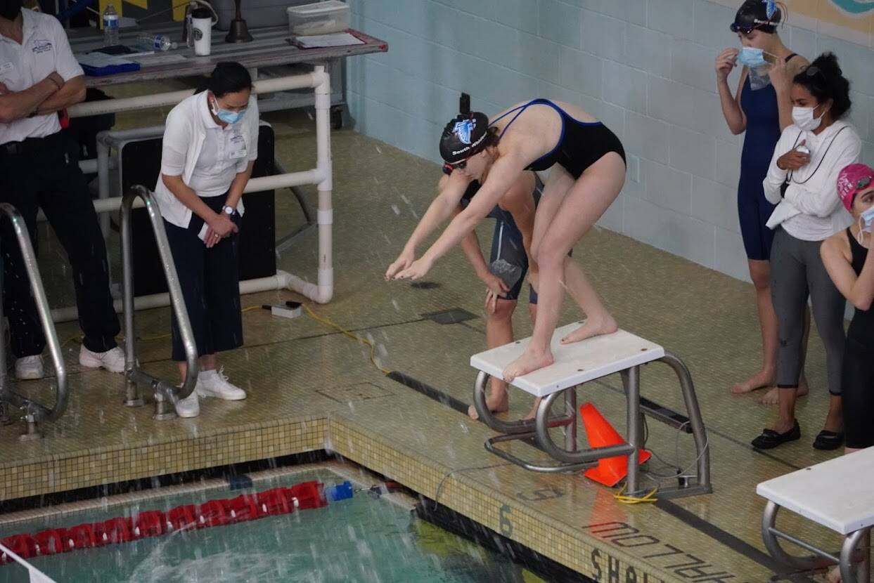 Photos provided
Sophomore Zetta Prendergast prepares to dive off the starting block at the district meet Nov. 6.