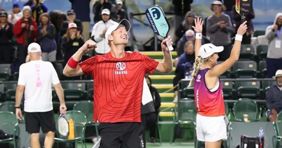Siblings Riley, left, and Lindsey Newman placed first in the mixed pro doubles division at the 2021 USA Pickleball National Championships. The Newmans are South Whidbey High School alumni and professional pickleball players. (Photo by Bruce Yeong)