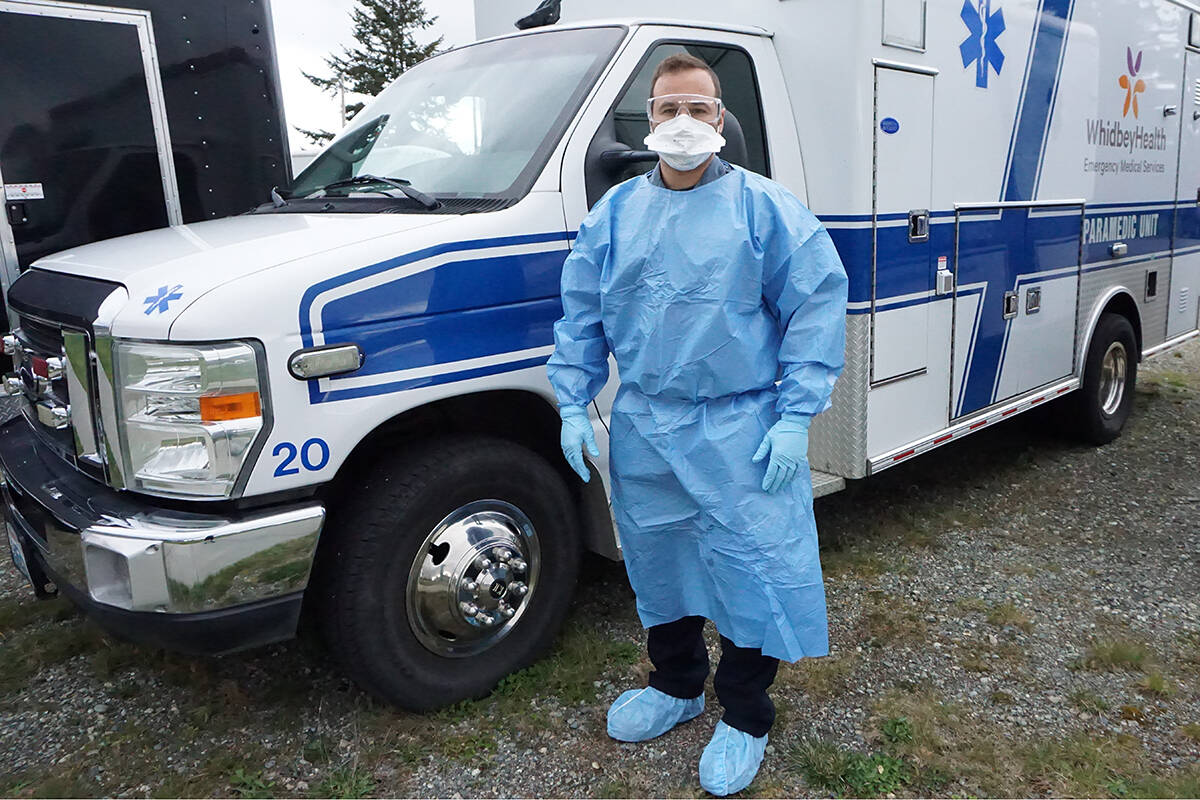 WhidbeyHealth EMS staff Ren Waldron in full PPE. For many Island residents and visitors, the Emergency Medical Services team is their first contact with the WhidbeyHealth system.