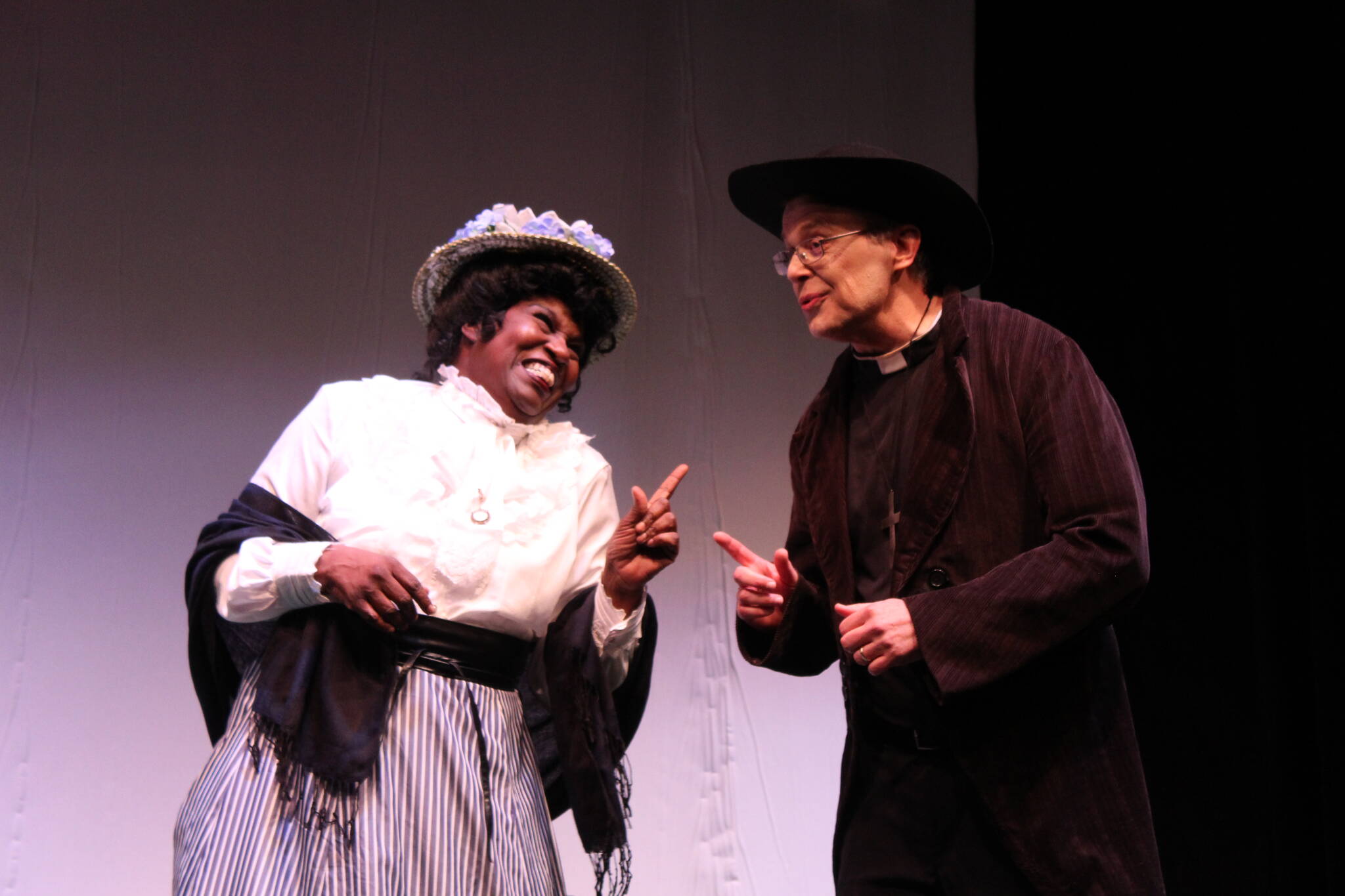 Photo by Karina Andrew/Whidbey News-Times
Allenda Jenkins and Gary Gillespie portray Letitia Prism and Rev. Canon Frederick Chasuble, respectively, as they rehearse for the Playhouse production.