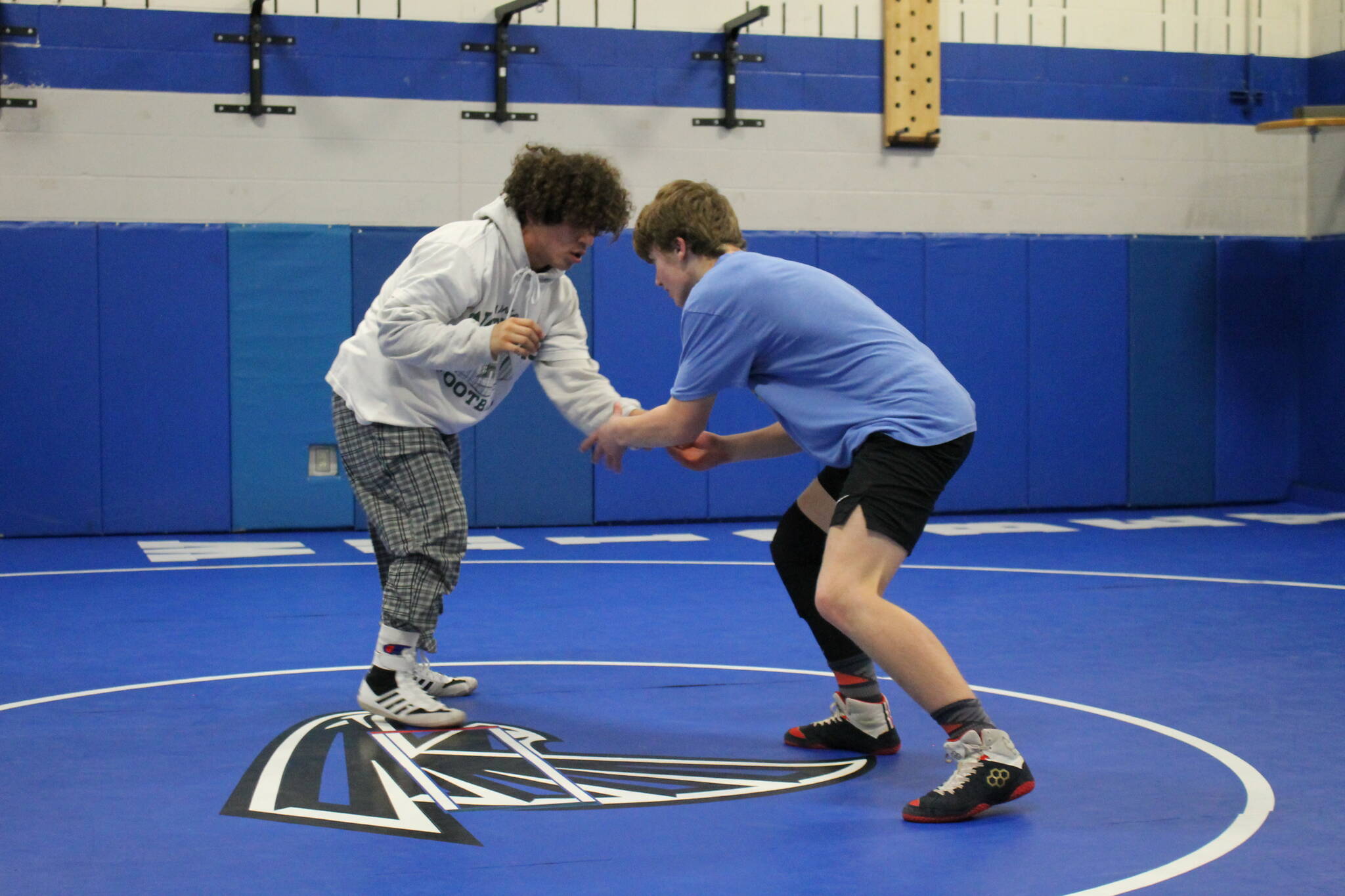 Photo by Kira Erickson/South Whidbey Record
Sophomore Smokey McClure, left, wrestles sophomore Cole Thoreson during a recent practice at South Whidbey High School. The boys are headed to the statewide competition this weekend after placing in the regional tournament.