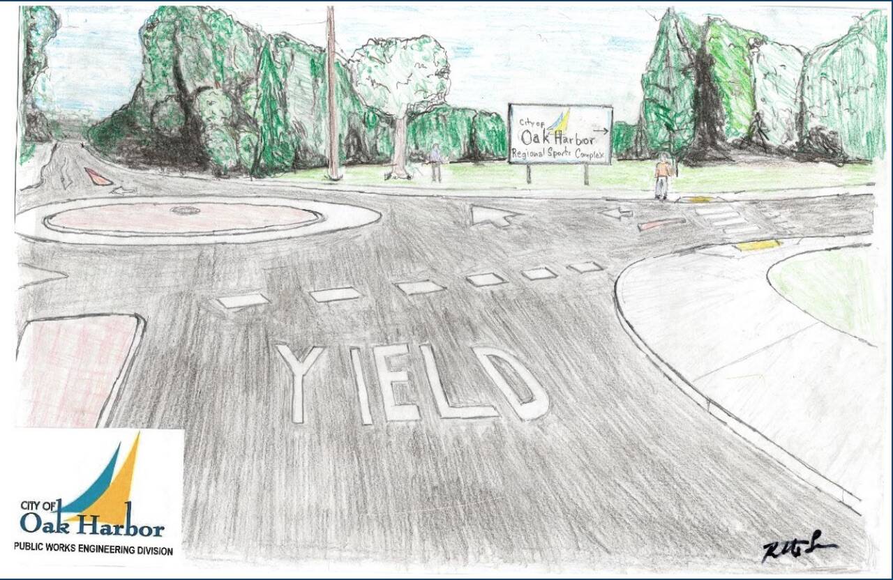 An access road to planned Harbor Heights Park would include a roundabout and an extension of Northeast 16th Avenue to Heller Road. (City of Oak Harbor image)