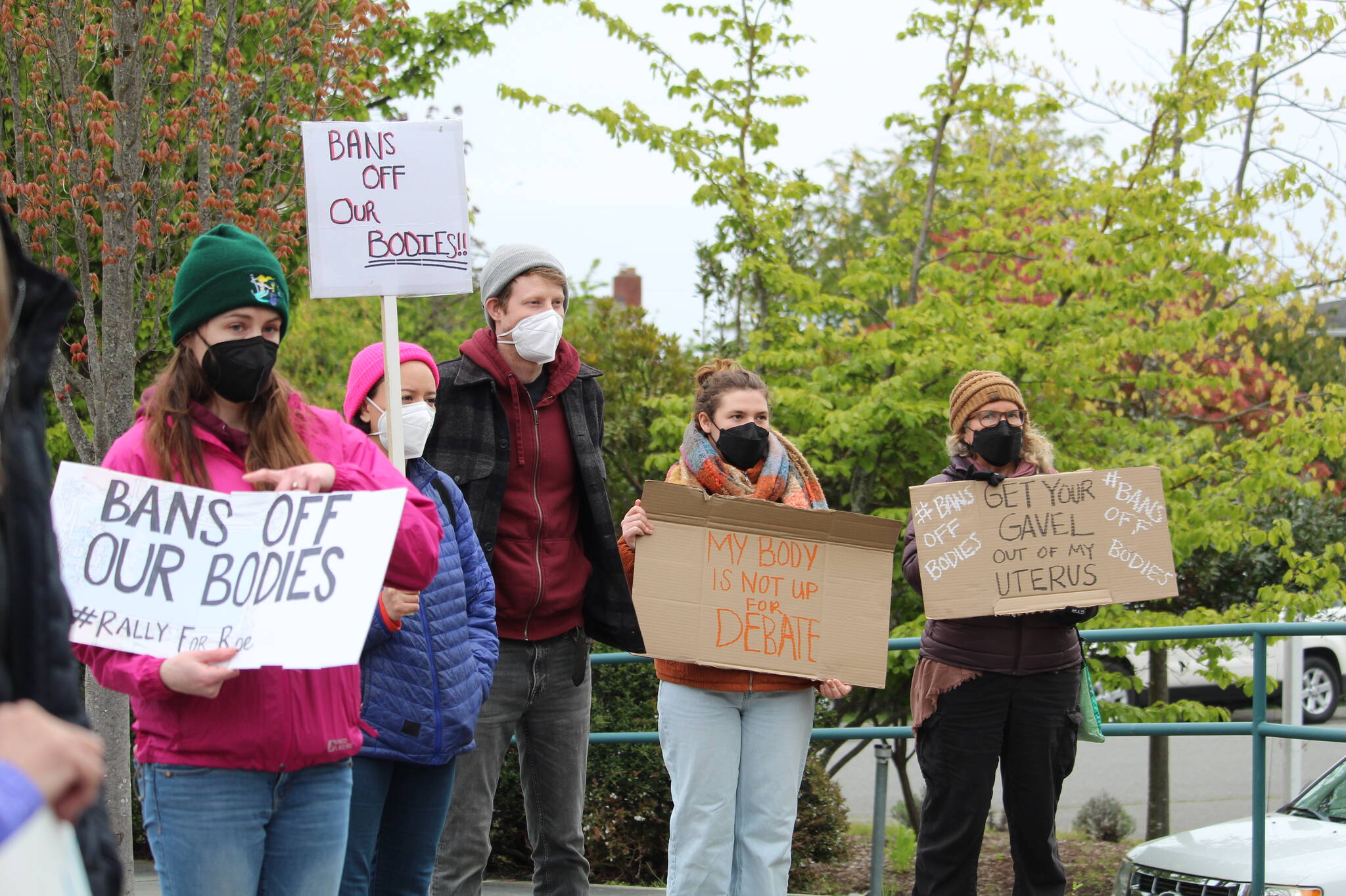 Whidbey residents took to the street Tuesday in Coupeville to rally for abortion rights following the leak of a Supreme Court draft opinion that indicated the court intends to overturn Roe v. Wade. (Photo by Karina Andrew/Whidbey News-Times)