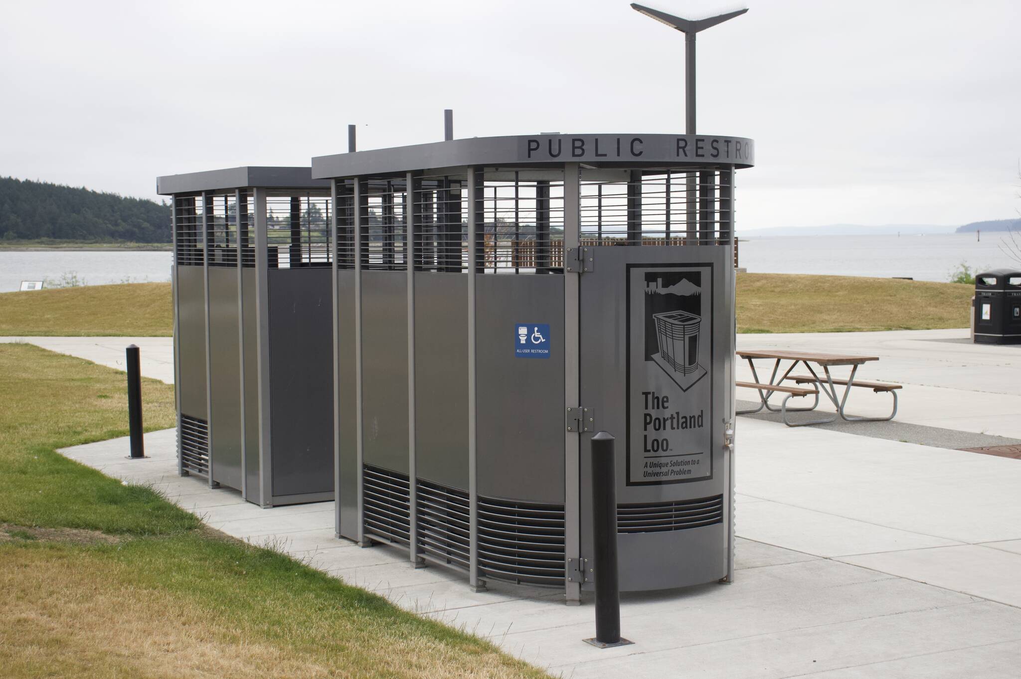 The two Portland loos at Windjammer Park. (Photo by Rachel Rosen/Whidbey News-Times.)