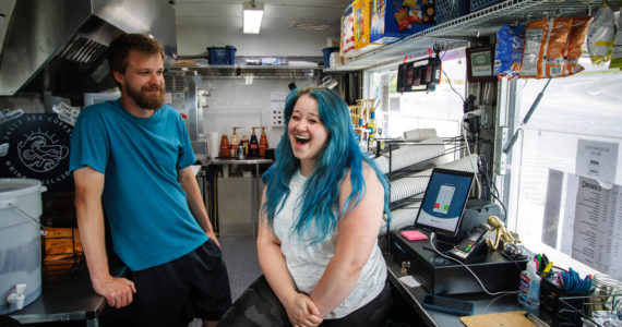 Photo by David Welton
Sterling Jones and Allie Stock are the owners of new business Salty Sea Coffee, a food truck full of drinks and concessions down by the Clinton ferry terminal.
