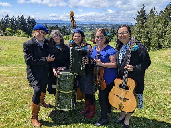 (L to R)Kristi O’Donnell, double bass; Molly Felder, vocals and drums; Adrienne Reid, vocals and accordion; Janna Kushneryck, violin; Jennie Mayer, rhythm guitar. (Photo provided)