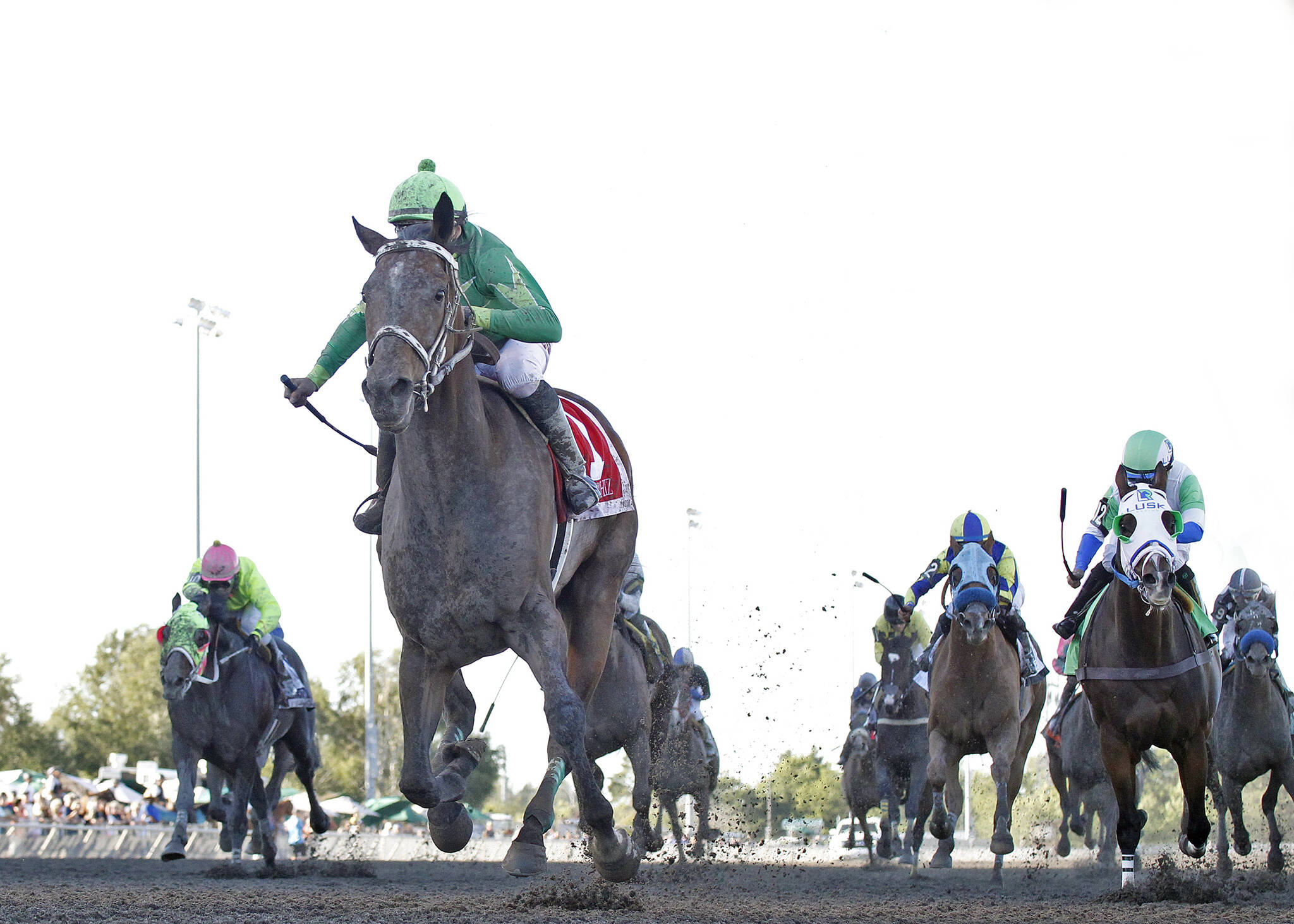 Slew's Tiz Whiz, ridden by Jose Zunino, pulls ahead of the other horses at the Longacres Mile. (Photo provided by Emerald Downs)