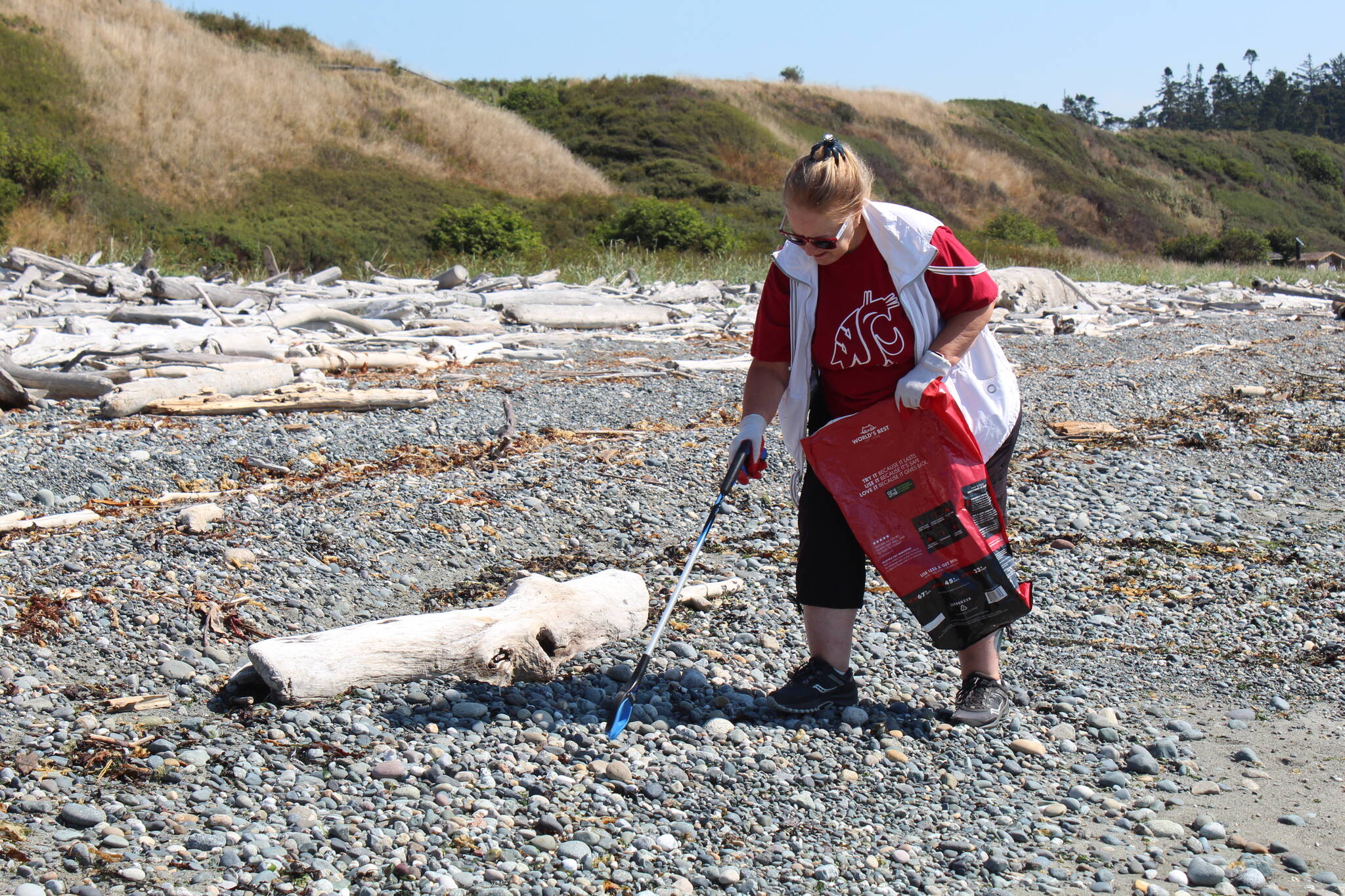Volunteer Sandra Heffernan picks up trash during a WSU Extension Tuesday beach clean up Aug. 30.