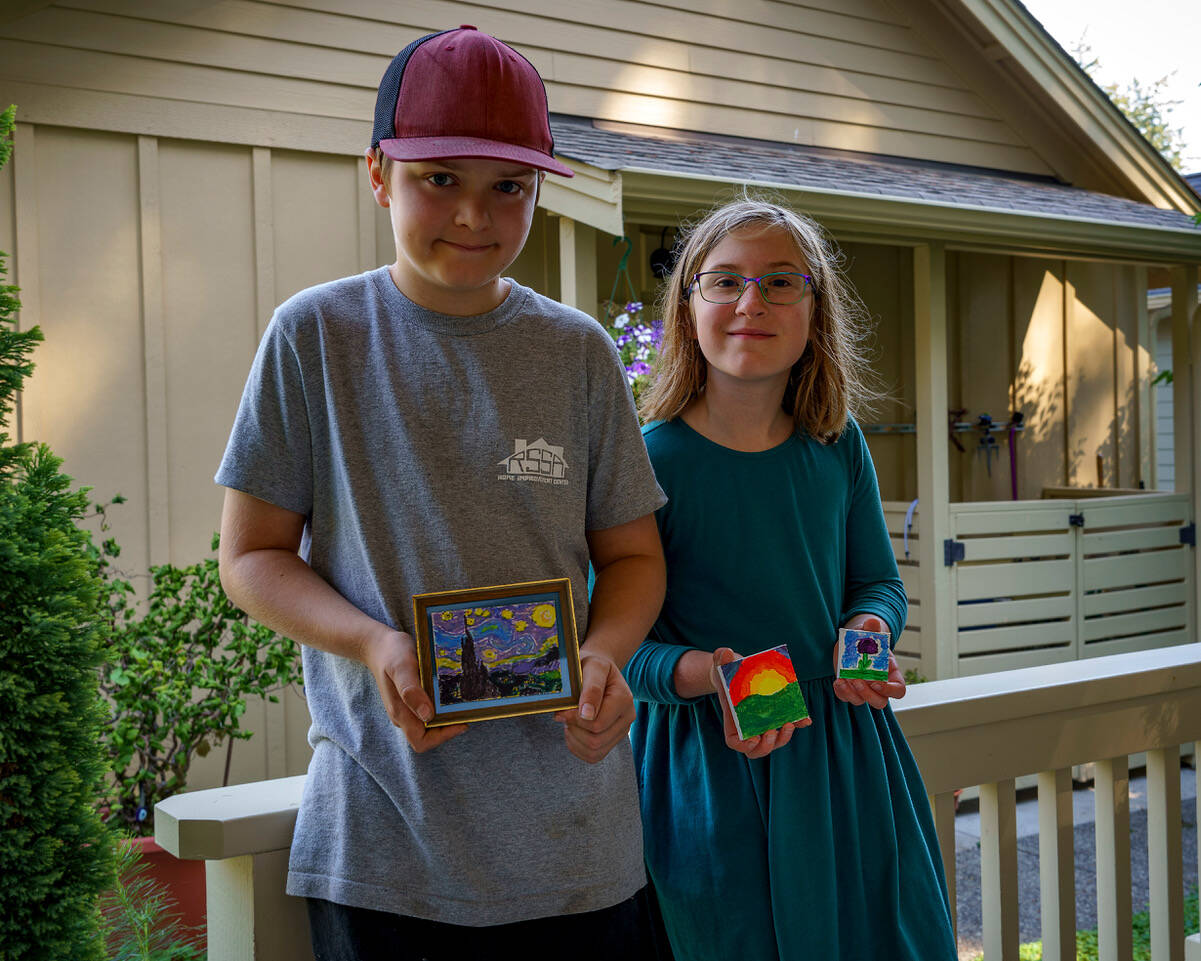 Photo by David Welton
Carl, 12, and Greta Kohlhaas, 10, with their miniature artworks.