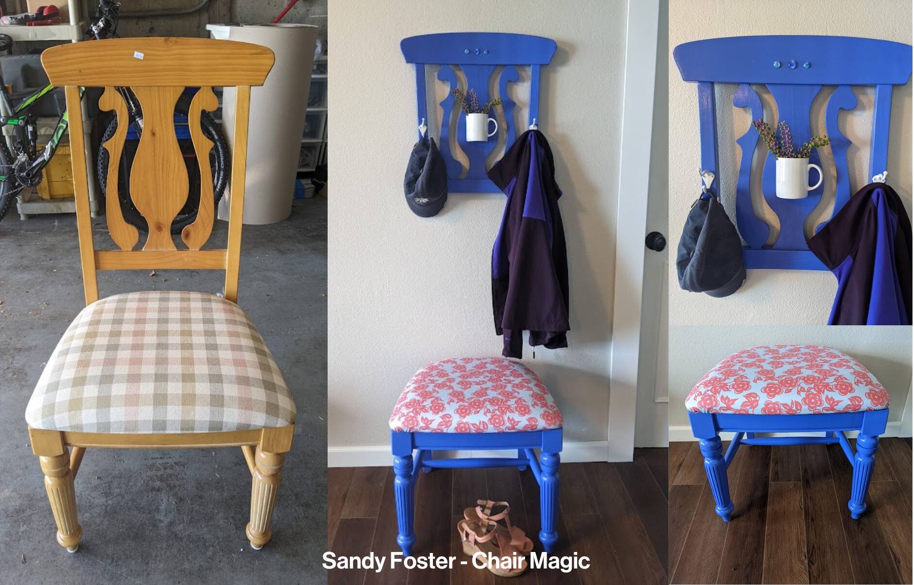 Photos provided
Artist Sandy Foster upcycled an old chair to create a decorative entryway unit with a seat for putting on shoes and hooks for hanging bags or keys. This and other items will be available for auction on Sept. 24.