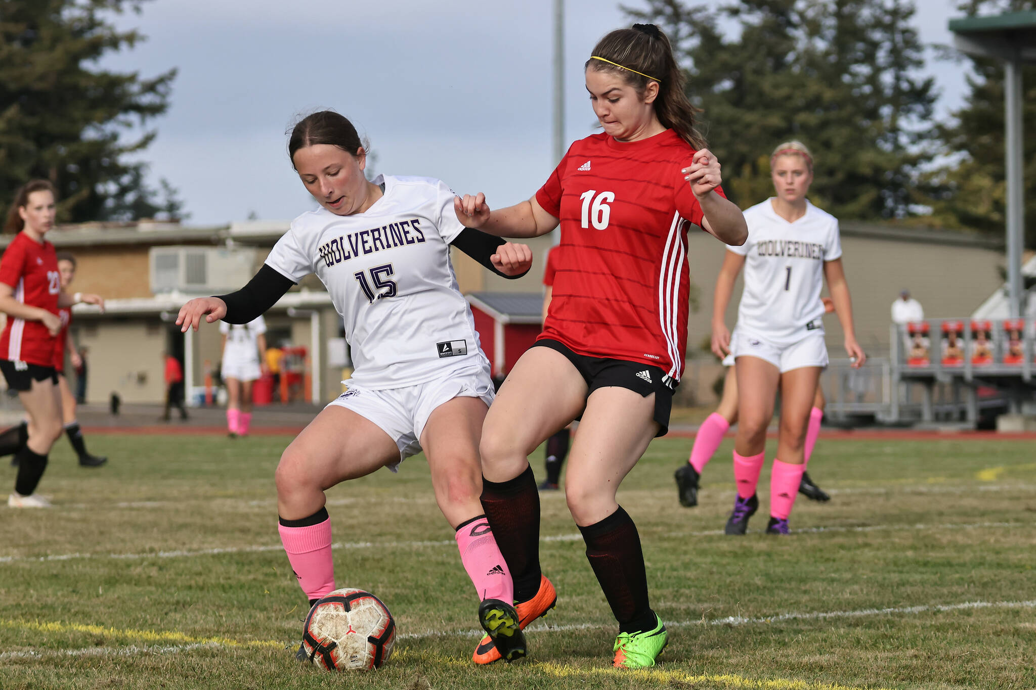Photo by John Fisken
Skylar Parker, right, vies for possession of the ball with a Friday Harbor player.