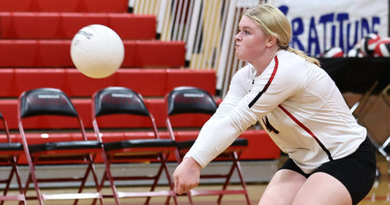 Photo by John Fisken
Coupeville athlete Madison McMillan competes in the Oct. 15 match against Neah Bay. Coupeville defeated Neah Bay 3-1. Coupeville High School’s varsity volleyball team is 8-3 overall this season.