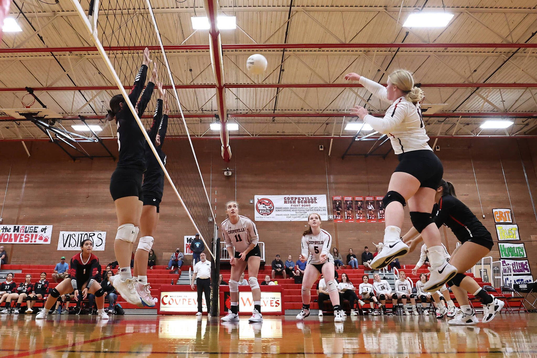 Photo by John Fisken
Volleyballers take to the air in the Oct. 15 match between Coupeville and Neah Bay.