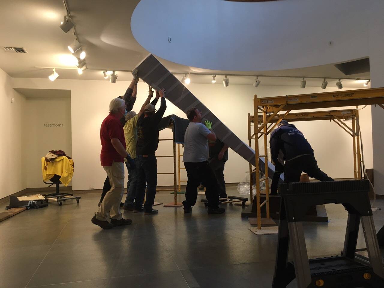 Photos provided
Museum personnel set up Richard Nash’s 12-foot sculpture “Segmented Prism #2” at the Museum of Northwest Art in La Conner, where it will stand as the centerpiece of a full survey of his work on the museum’s main floor for the next three months.