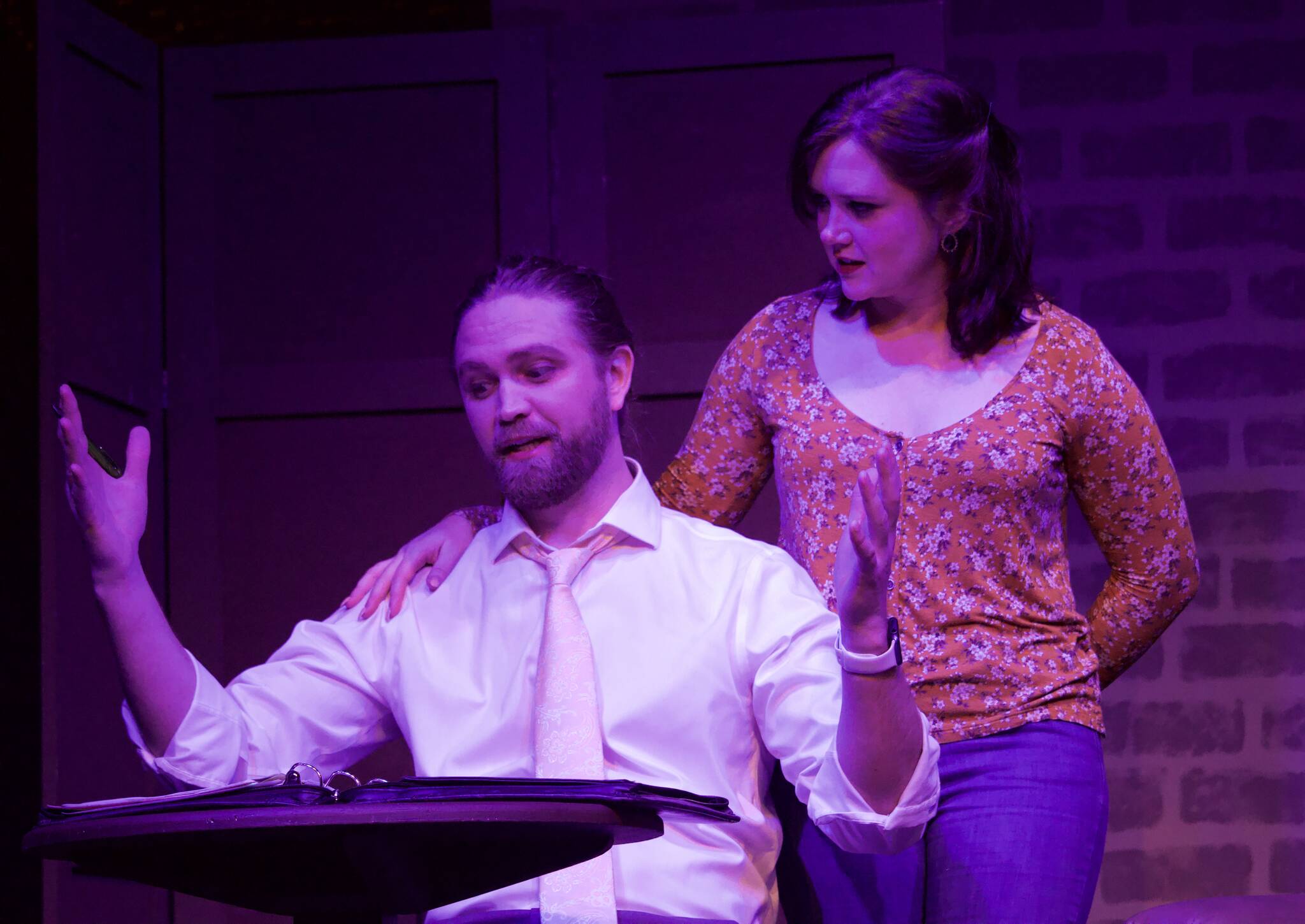 Photo by Rachel Rosen/Whidbey News-Times
David Thuet and Anna Schenck play David Ames and Sarah McKeon in Earth and Sky. David Ames is found dead after the couples whirlwind romance.