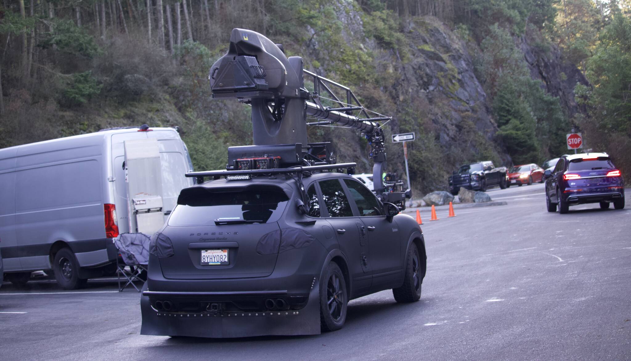 Photo by Rachel Rosen/Whidbey News-Times
The car mounted with a crane and camera films an Audi for a commercial shot at Deception Pass Bridge.
