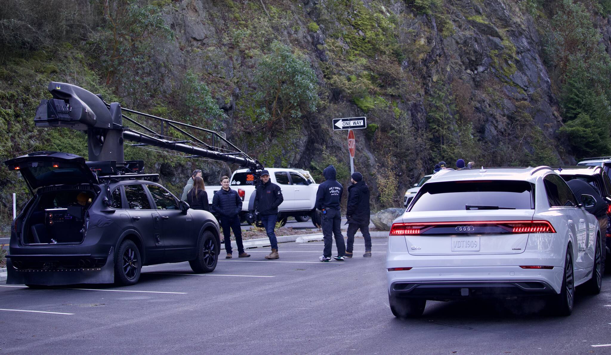 Photo by Rachel Rosen/Whidbey News-Times
Members of Tilt + Creative Production gather in a parking lot adjacent to the deception Pass Bridge where an Audi commercial was filmed early this week.