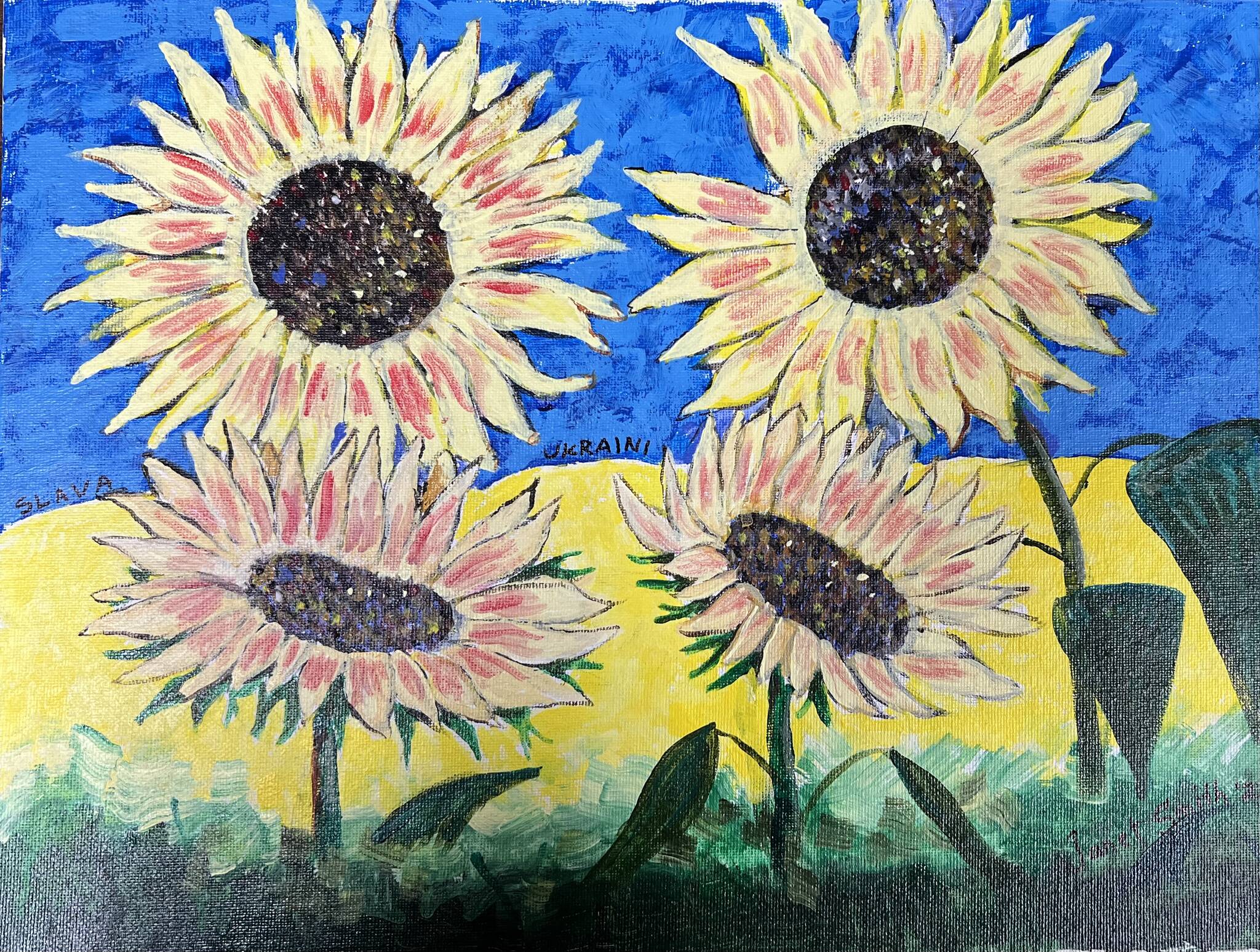 Image provided
A painting featuring the colors of the Ukrainian flag by Janet Smith serves as the logo for Whidbey Island Community Advocates for Refugee Efforts.