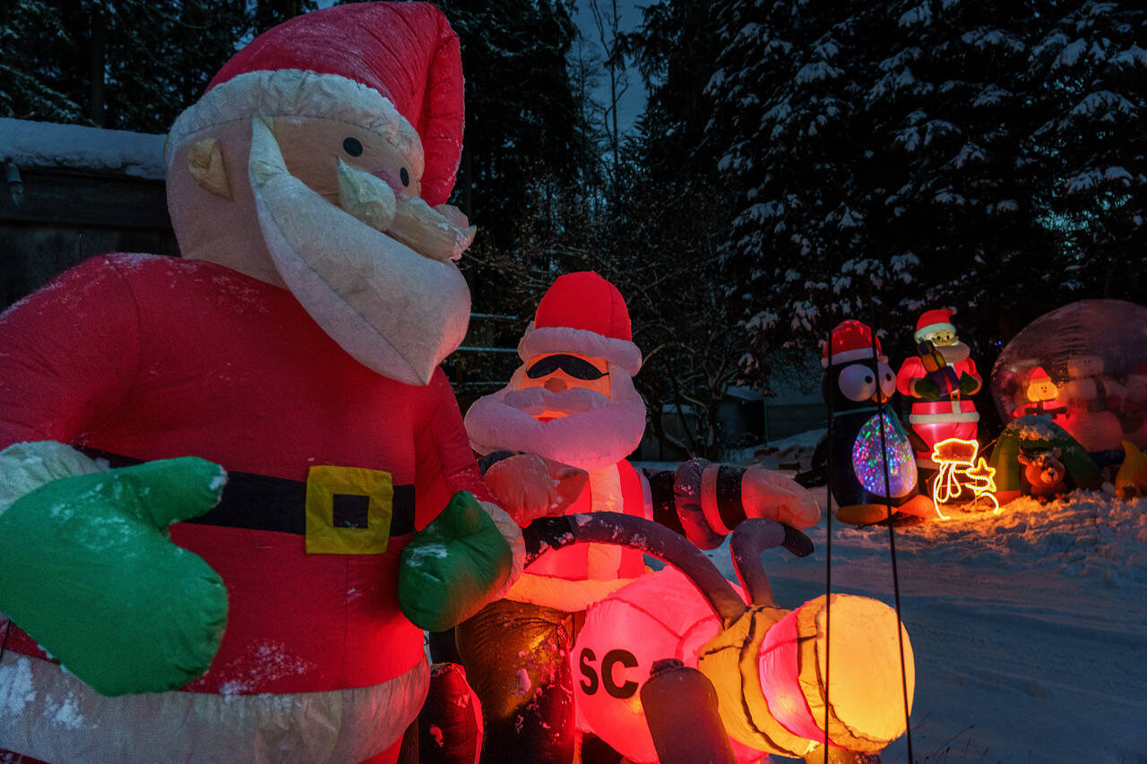 From penguins to snowmen to Santa Clauses, Jim Young’s collection of blow-up lawn ornaments is vast. (Photo by David Welton)