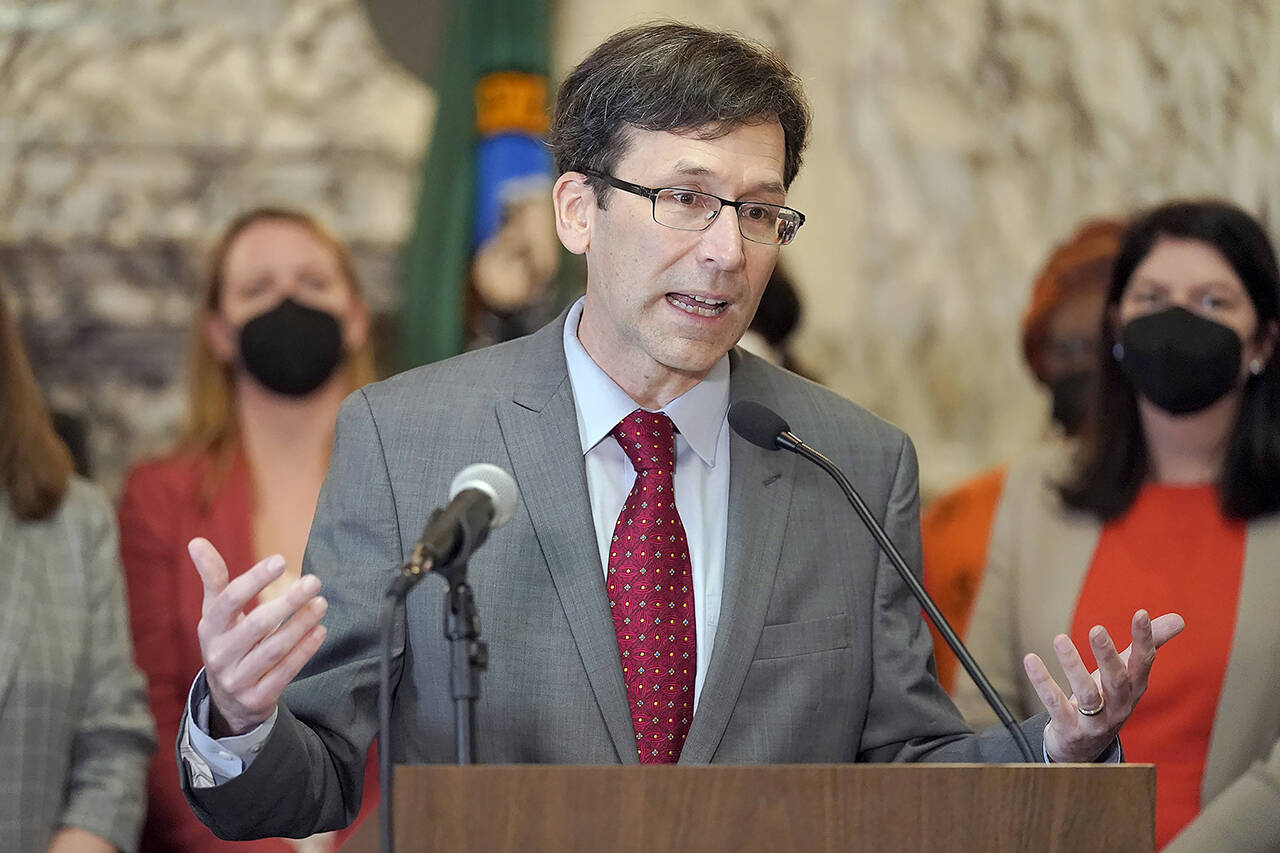 Washington Attorney General Bob Ferguson speaks March 23, at the Capitol, in Olympia. (AP Photo / Ted S. Warren, File)