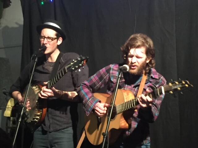 Photo provided
From left, Seattle’s Nick Drummond and Whidbey Island musician Nathaniel Talbot play an indoor show at the Chicken Barn Concert Hall.