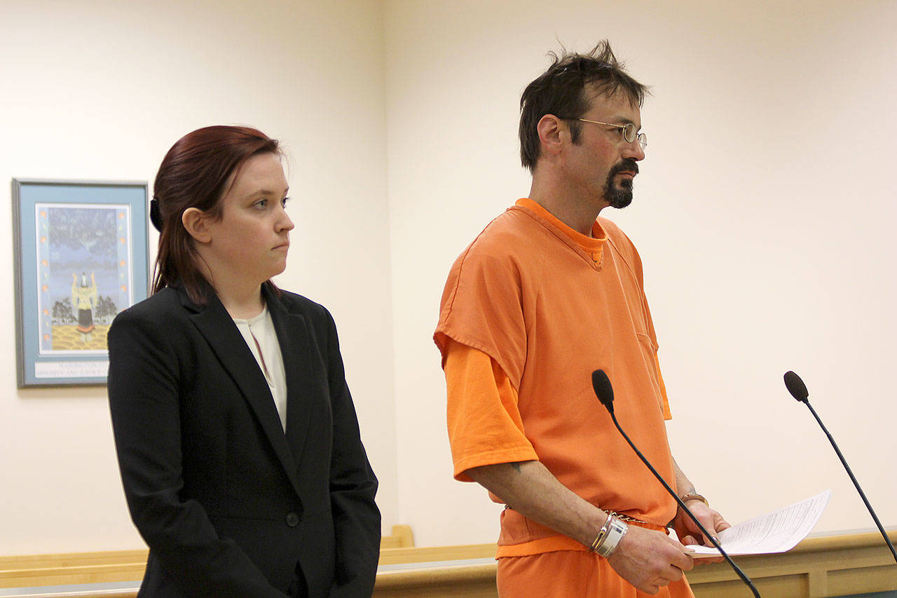 Photo by Jessie Stensland / Whidbey News Group
Langley resident Jordan Winchester makes his preliminary appearance with an attorney in court Friday on suspicion of assaulting a woman.