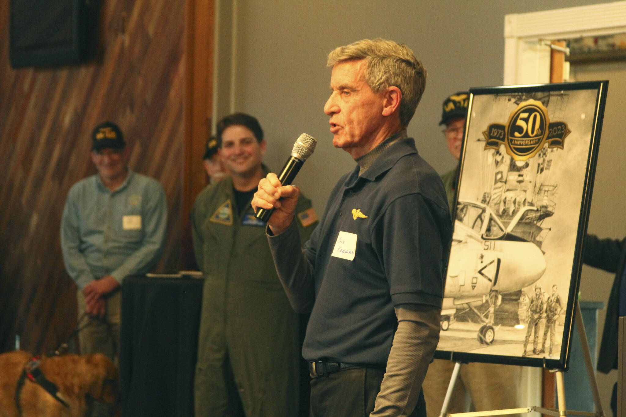 Photo by Karina Andrew/Whidbey News-Times
Former VA-115 member Jack Keegan speaks at a presentation on base commemorating the last crew from NAS Whidbey Island shot down during the Vietnam War.