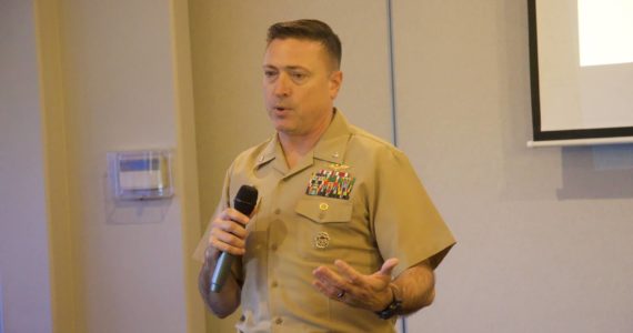 Photo by Rachel Rosen/Whidbey News-Times
Cmdr. Tim Oswald, executive officer of Naval Air Station Whidbey Island, gave a talk on China’s global influence at the Military Officers Association’s January meeting.