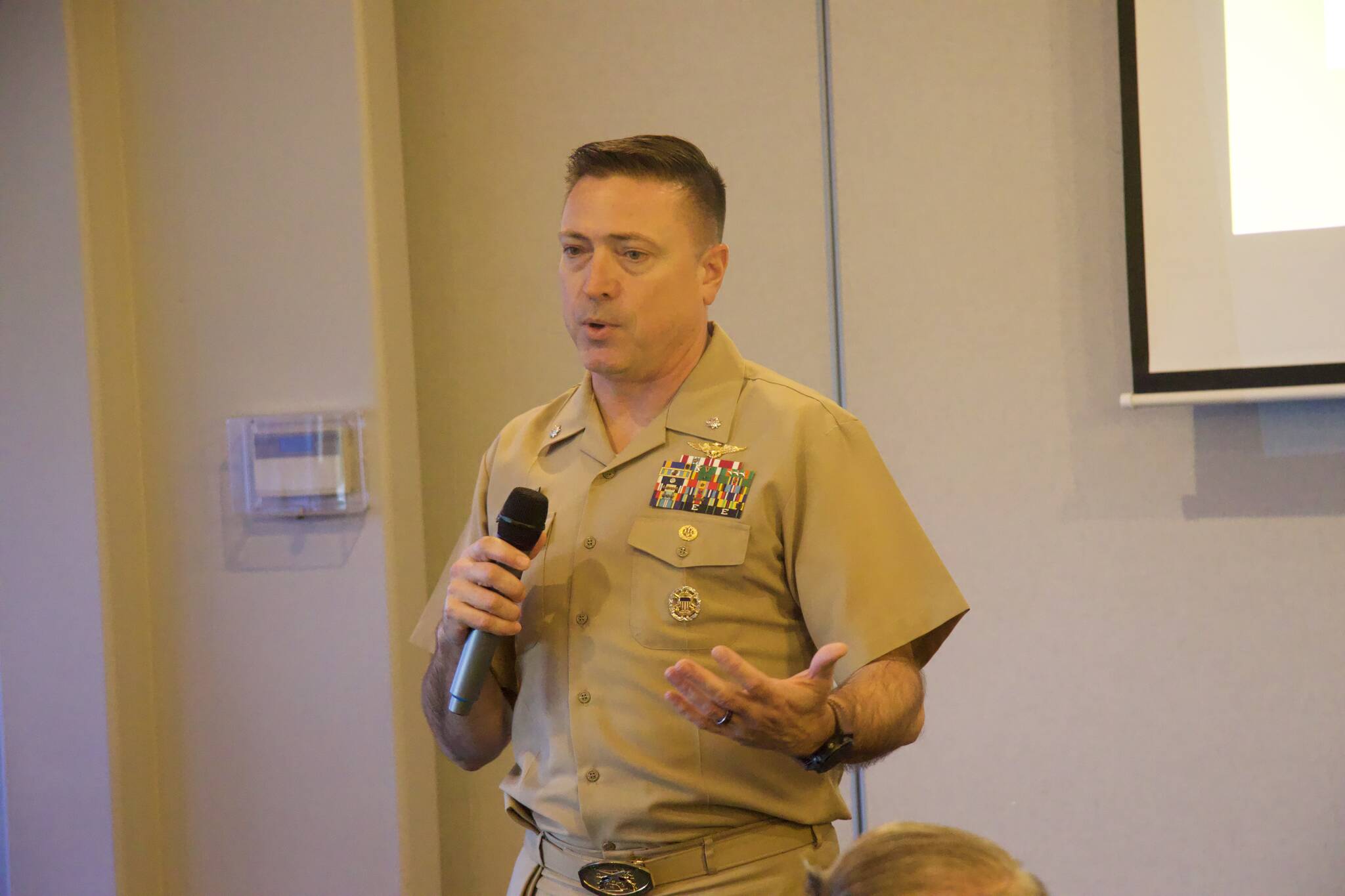 Photo by Rachel Rosen/Whidbey News-Times
Cmdr. Tim Oswald, executive officer of Naval Air Station Whidbey Island, gave a talk on China’s global influence at the Military Officers Association’s January meeting.