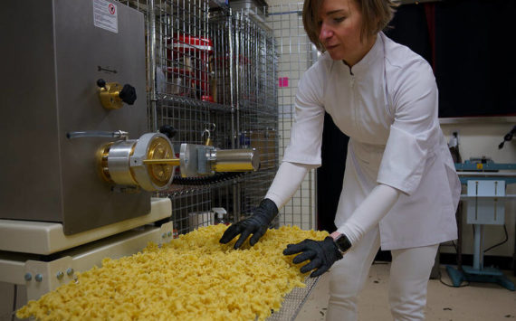 Photo by David Welton
Aurora Echo gathers campanelle pasta extruded from her commercial pasta-making machine. She recently launched her new business, Wildly Beloved Foods, to sell her organic pasta, which also comes in a spinach variety.