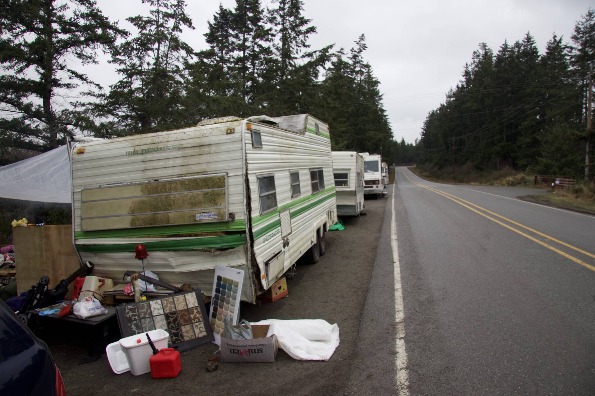 Photo by Rachel Rosen/Whidbey News-Times
Two clusters of RVs and vehicles are permanently parked on either side of Hoffman Road.