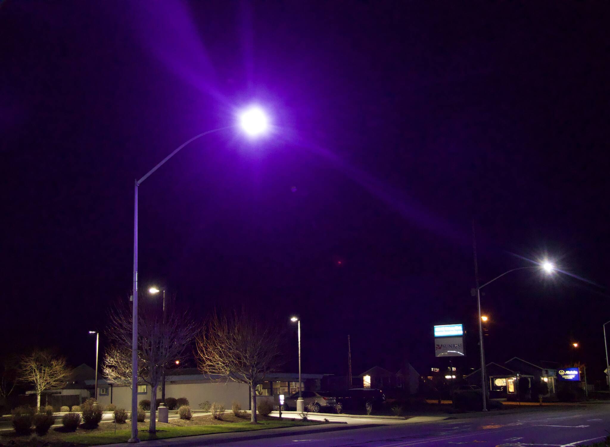 A purple street light on Midway Boulevard. (Photo by Rachel Rosen/The Whidbey News-Times)