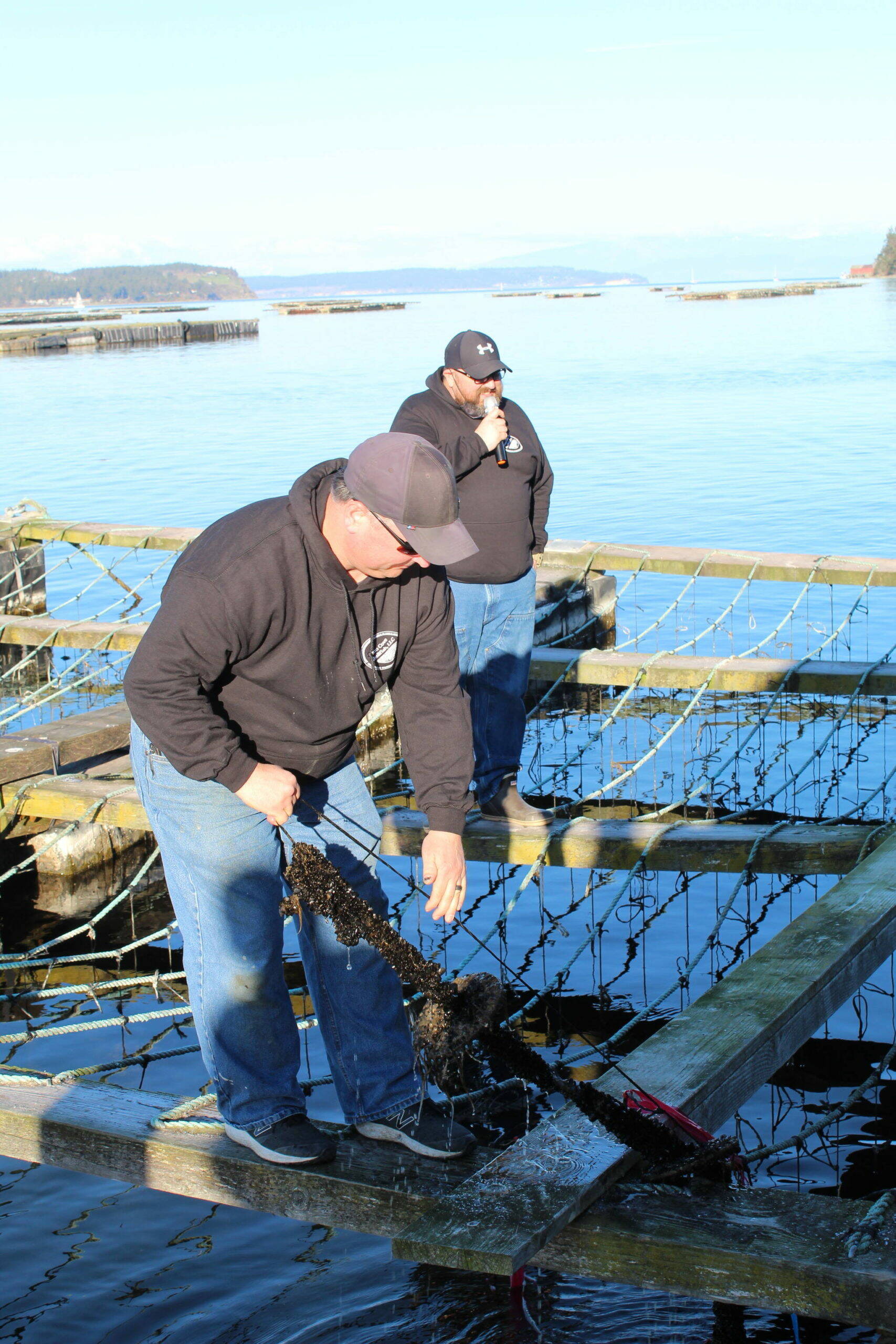 Daryl Beerbower and Aaron Schmidt lead a tour of a Coupeville mussel farm during the 2022 Penn Cove Musselfest. (File photo by Karina Andrew/Whidbey News-Times)