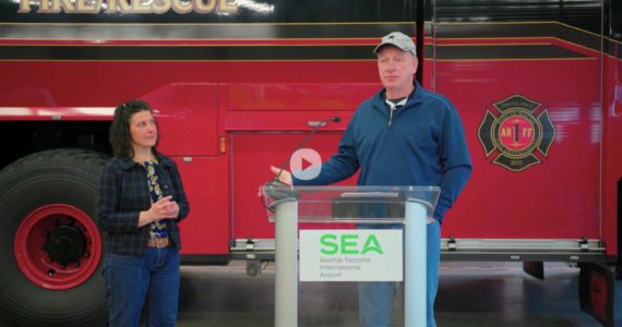 Port of Seattle photo
Mark Schroeder shares his thanks to the first responders who saved his life when he suffered cardiac arrest on the Whidbey SeaTac Airport shuttle in January.