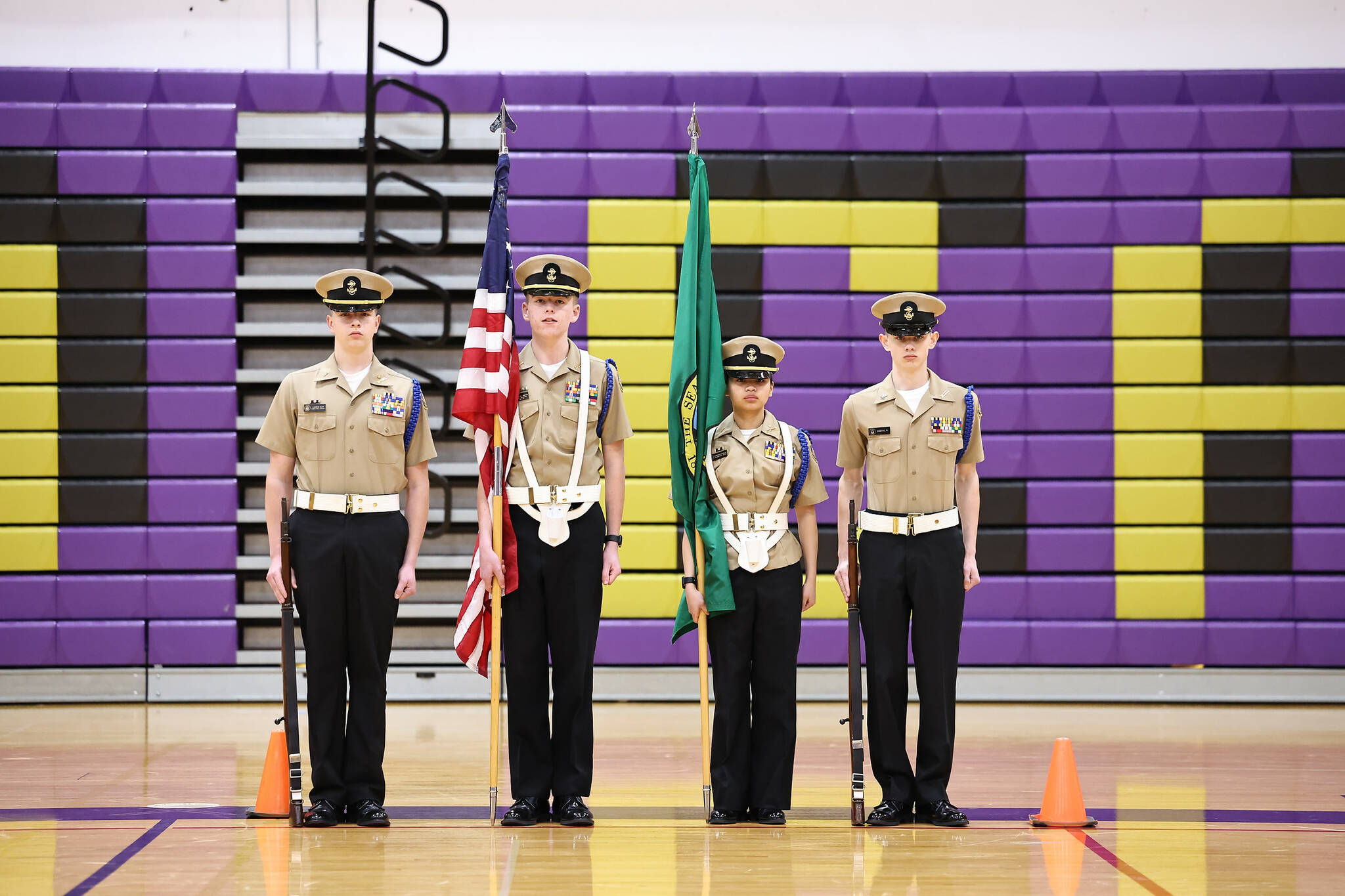 Oak Harbor’s Color Guard Team 2 are, from left, Caden Guy, Theron Hull-Walton, Khryza Castillo and Noah Smith. Guy won first place in the Armed Drill Team Commander and Castillo won first place in the Unarmed Drill Team Commander.