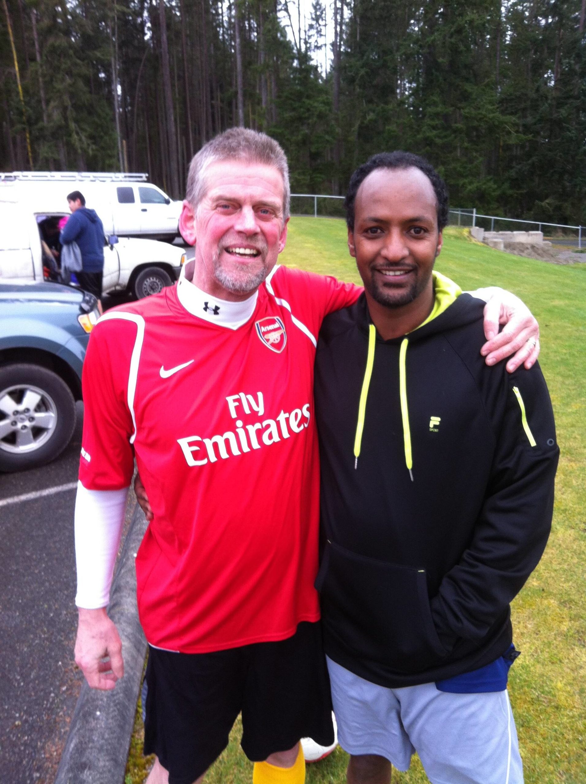 Photo provided
Mark Helpenstell, left, plays on the “men over 40” team in the Snohomish County Adult Soccer Association with Sarawit Hailu, one of the first players he coached at South Whidbey High School.