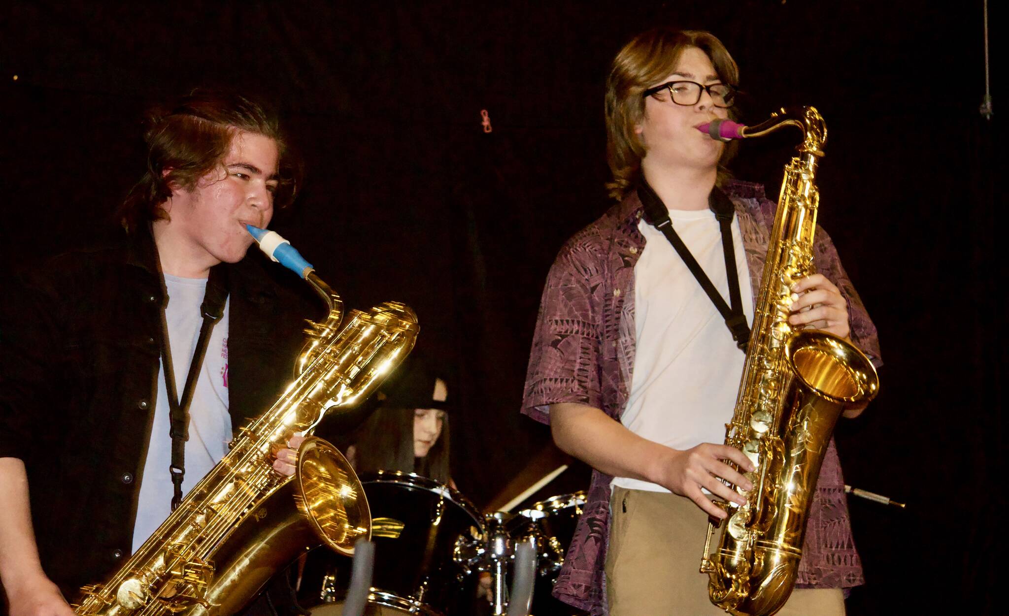 Photo by Rachel Rosen/Whidbey News-Times
From left, Ethan Tang and Oliver Abercrombie are the sax players in Kick-Brass.