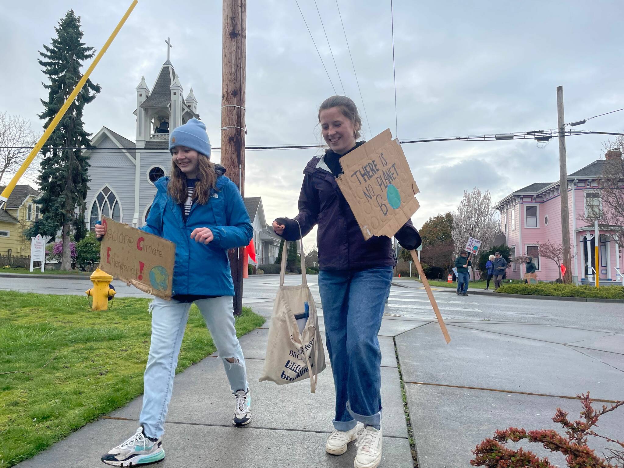 Students and community activists rally in Coupeville March 24 to voice their support for a county climate emergency declaration. (Photo provided)