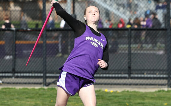 Lilly Grubbs throws a javelin at a March 19 track meet against Burlington. The Oak Harbor High School varsity girls team won 96.83 to 53.16. (Photo by John Fisken)